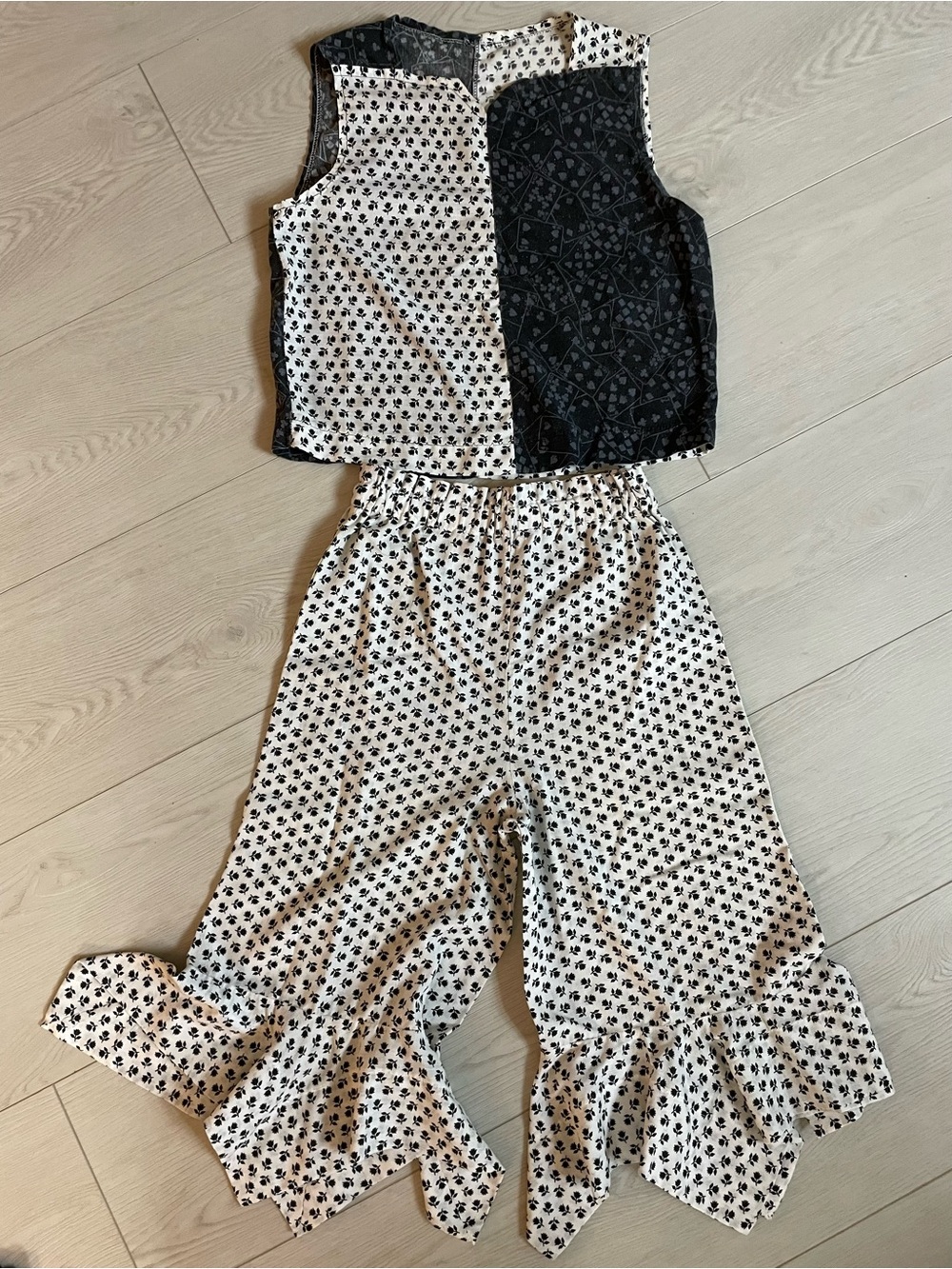 Two-Piece Vintage Black & White Floral Crop Top and Ruffle Pants Set